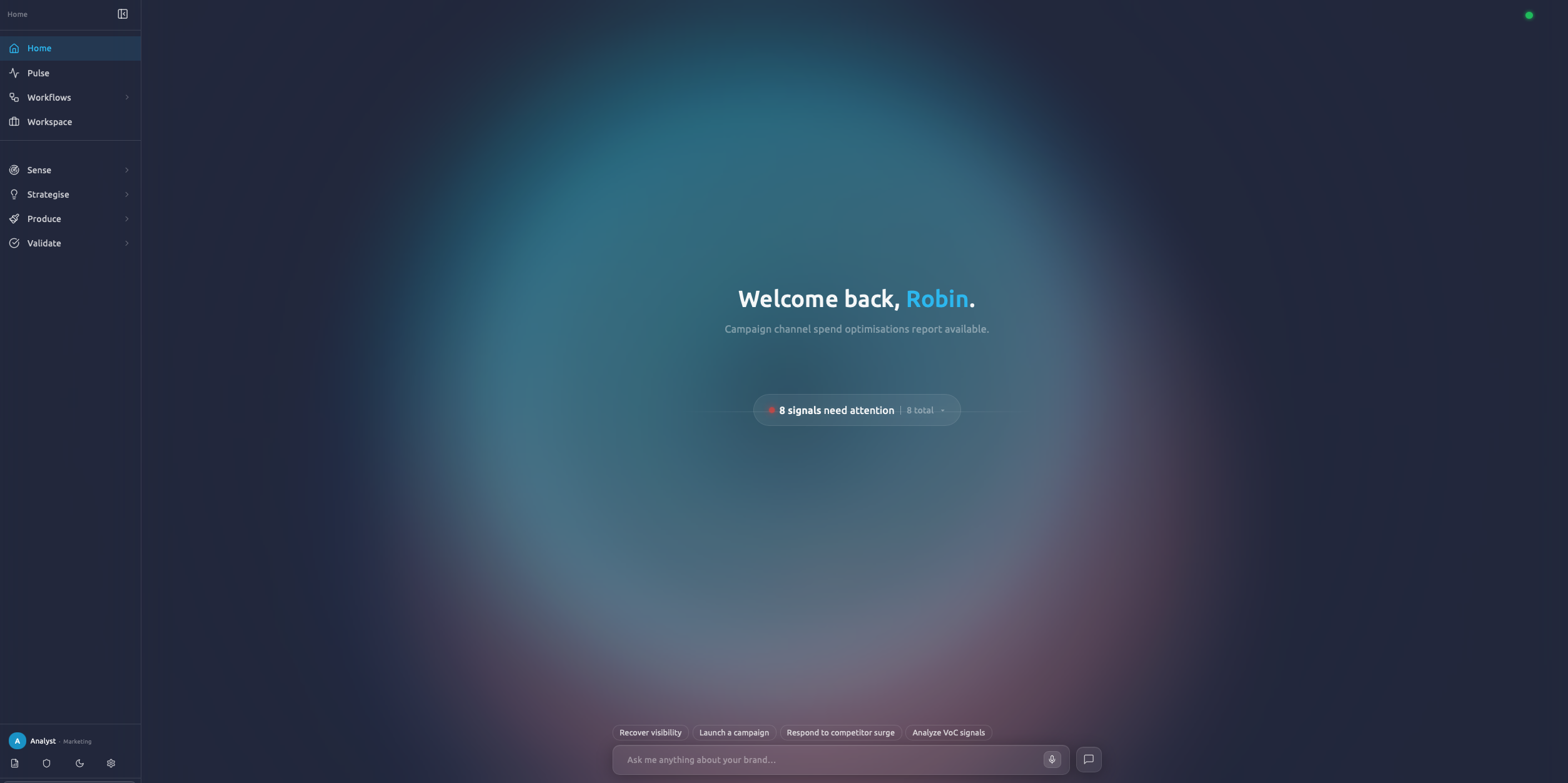 Helix platform interface — Welcome back, Robin